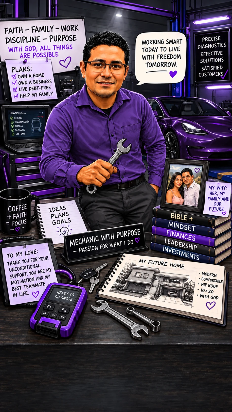 Illustration of Isaac Castillo holding a wrench beside a red car in a workshop with purple lighting